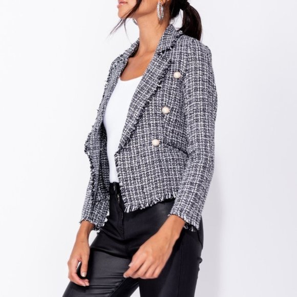 Trist Black & White Pearl Detail Tweed Blazer - Picture 8 of 11